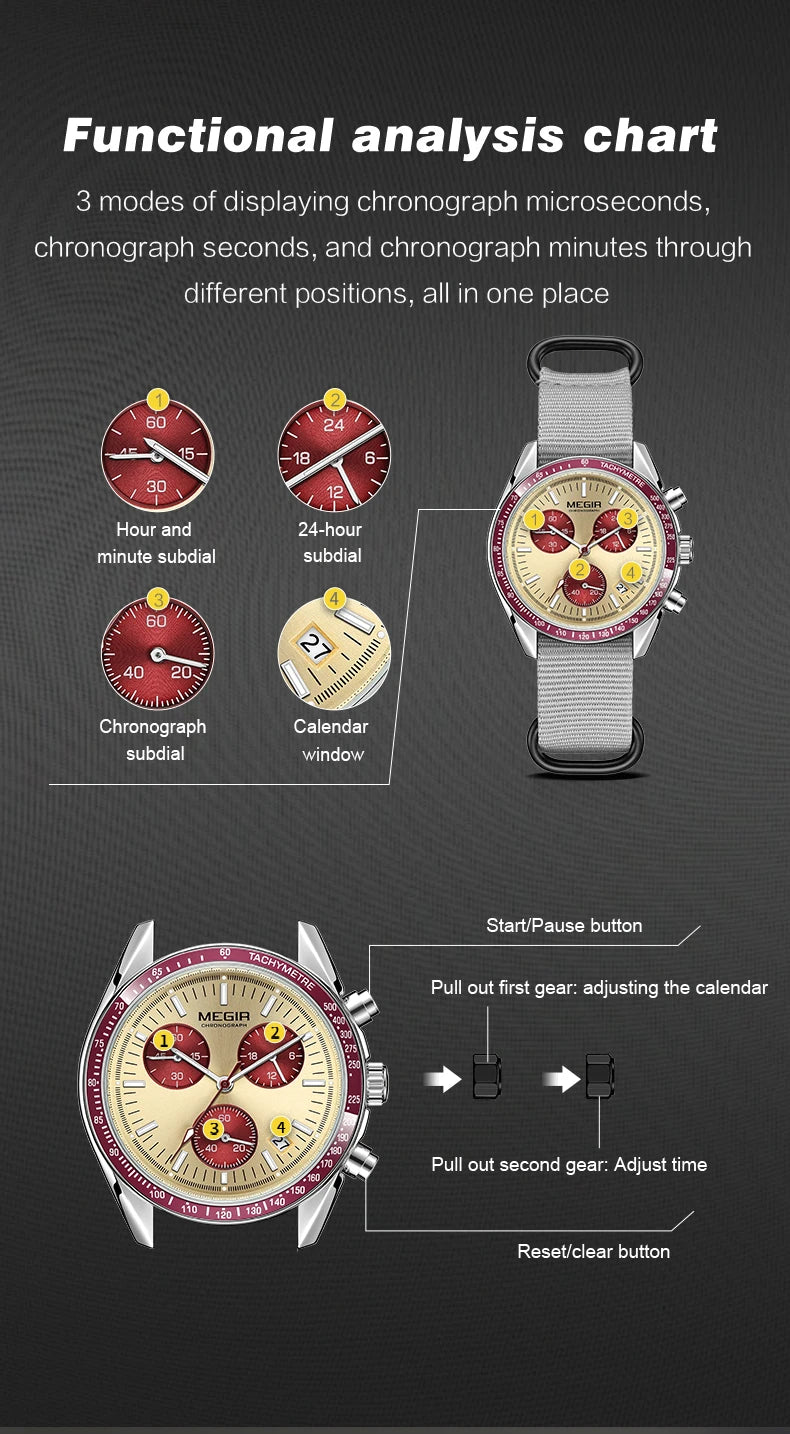 MEGIR montre à Quartz à trois yeux pour hommes bracelet tressé en Nylon étanche sport lumineux avec chronographe montre-bracelet de mode homme