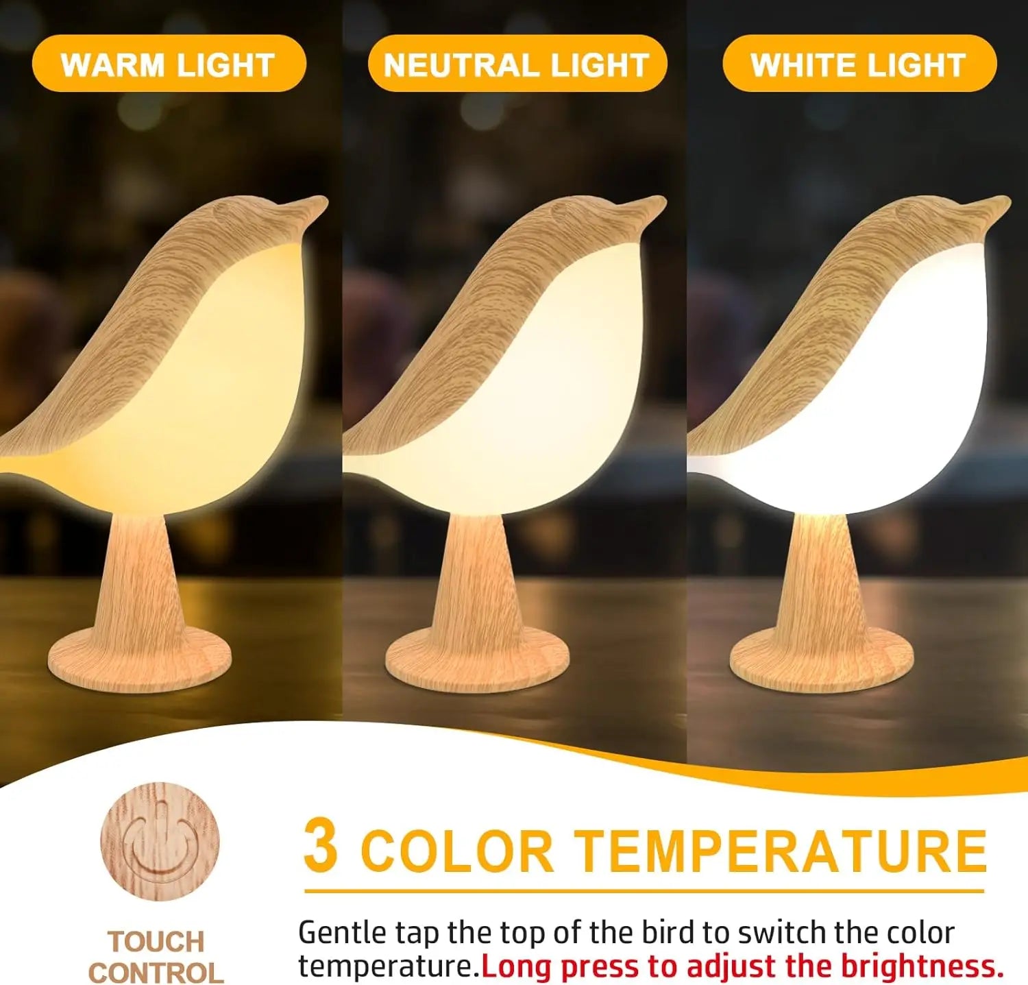 Petite lampe de bureau, lampe d'oiseau lampes de chevet avec 3 températures de couleur et capteur tactile, lampe sans fil veilleuse pour enfants