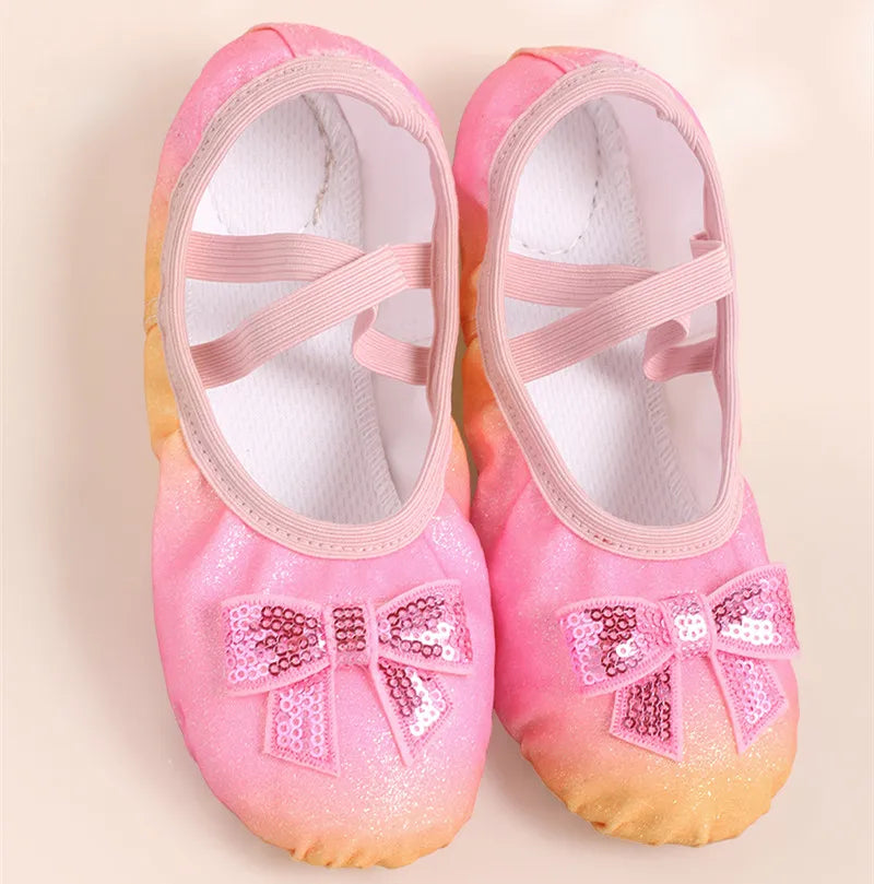 Chaussures de danse pour enfants filles ballerines chaussures arc-en-ciel nœud paillettes en cuir à semelles souples danse Performance Skate Sport chaussures de Yoga