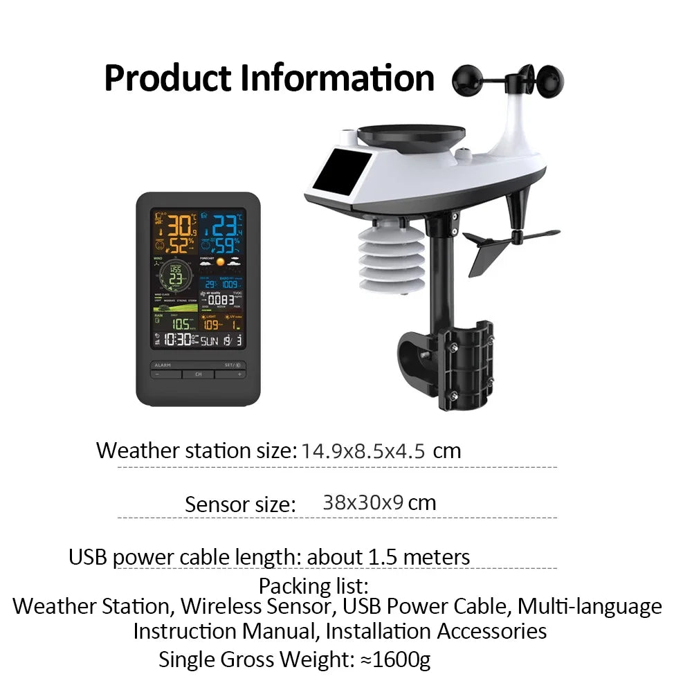 Tuya WiFi Station météo intelligente horloge compteur de température et d'humidité compteur de vitesse et de direction du vent écran couleur horloge numérique