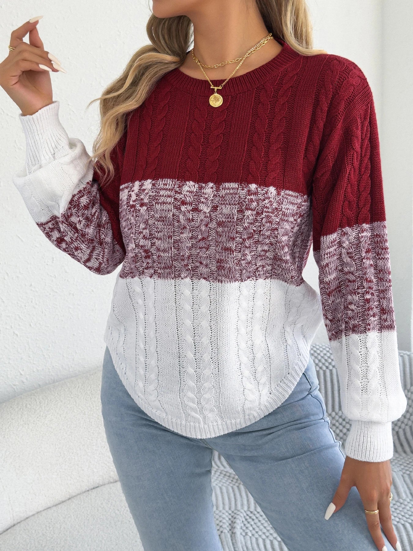 Femme décontracté couleur bloc rayé pull col rond lanterne à manches longues torsion tricoté hauts pour 2025 automne hiver femmes vêtements
