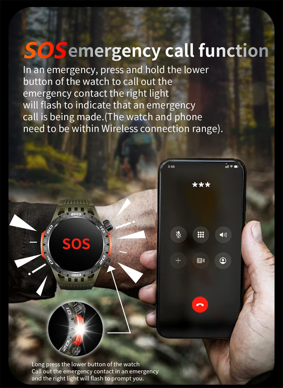 Montre intelligente étanche avec éclairage LED pour homme, boussole, tracker de fitness sportif, IP68, Bluetooth, conversation, Android, iOS
