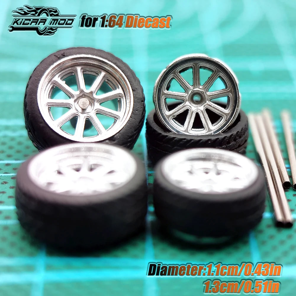 KicarHapp1/64-Jantes Métalliques ABS avec Caoutchouc pour Voiture Miniature, Pièces de Réaménagement Avant, Petite et Arrière