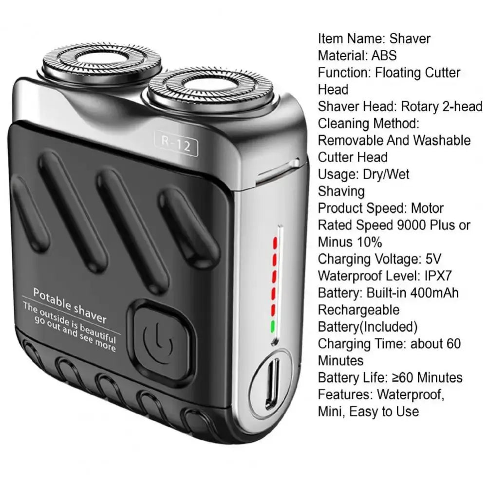 Mini Compact Electric Shaver for Men, Magnetic, Double Head, Portable, Rotary, Waterproof, 9000 Revolutions, Beard Trimmer for Dad