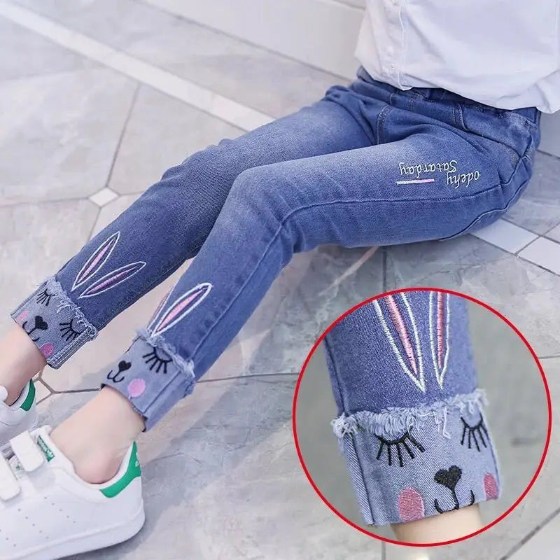 New Fashion Girls Jean Spring Summer and Autumn Soft Casual Boutique Cotton Kawaii Girls Elegant Jean Children's Pants 3-12Y