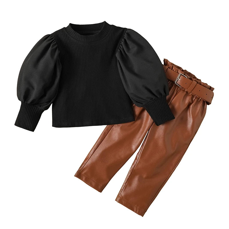 Girls' clothing set, ribbed blouse with long puff sleeves + PU leather pants with belt, 2-piece set for girls, sizes 1-6