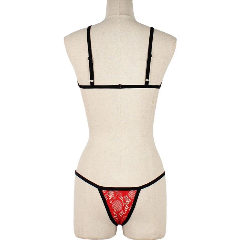 Ensembles de Lingerie érotique pour femmes, jarretelles en dentelle, soutien-gorge et culotte transparents, Costumes Porno féminins, col licou en V profond, ensemble de sous-vêtements Sexy
