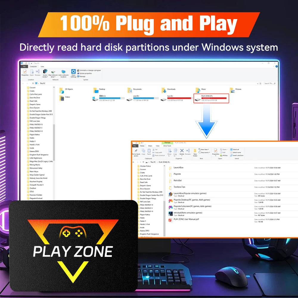 Play Zone 1T jeu SSD pour PS5/PS4/PS3/PS2/Switch/Xbox/WIIU 80 + émulateurs boîte de lancement & Retrobat & Playnite 16191 jeux pour PC/ordinateur portable