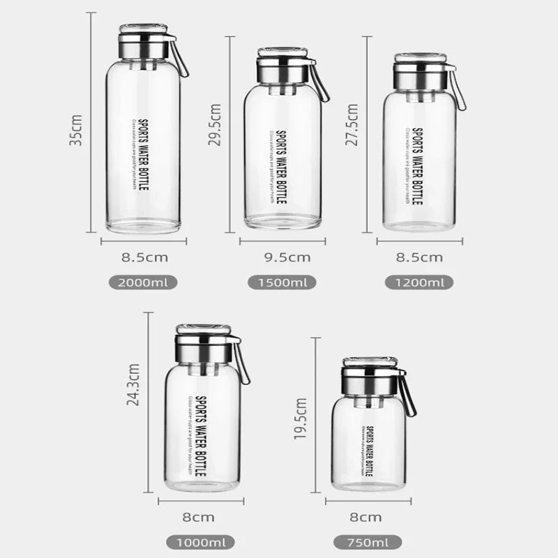 Bouteille d'eau en verre de grande capacité 2L, tasse transparente pour jus de lait, verres portables étanches pour l'extérieur, bouteille d'eau et de thé en verre 2L