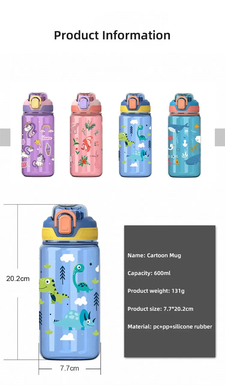 Bouteille d'eau dinosaure de 600ml pour enfants, tasse à bec avec paille en Silicone, bouteilles d'eau en plastique étanches, tasse d'eau d'été pour enfants