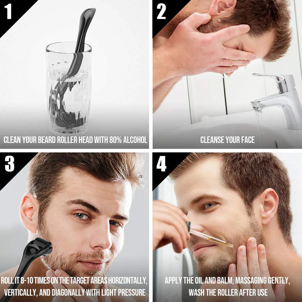 Ensemble complet de soins de barbe pour hommes, peigne à barbe, baume, peigne Double face avec rouleau, liquide de croissance de barbe, 5/7/8 pièces
