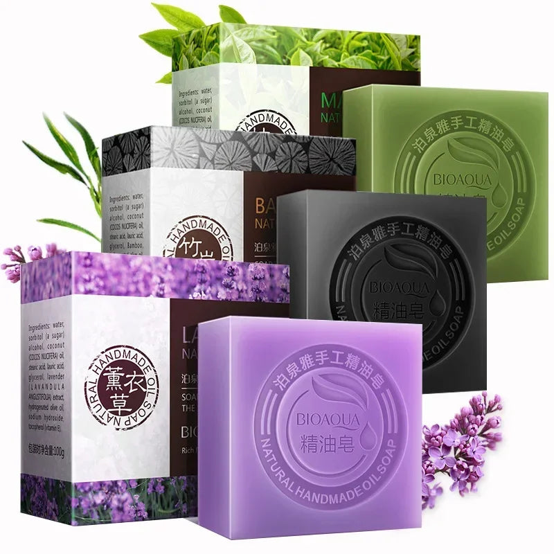 Savons aux huiles essentielles Bioaqua au miel, rose, jasmin, aloé, matcha, myrtille, lavande, charbon de bambou, savons en bambou noir