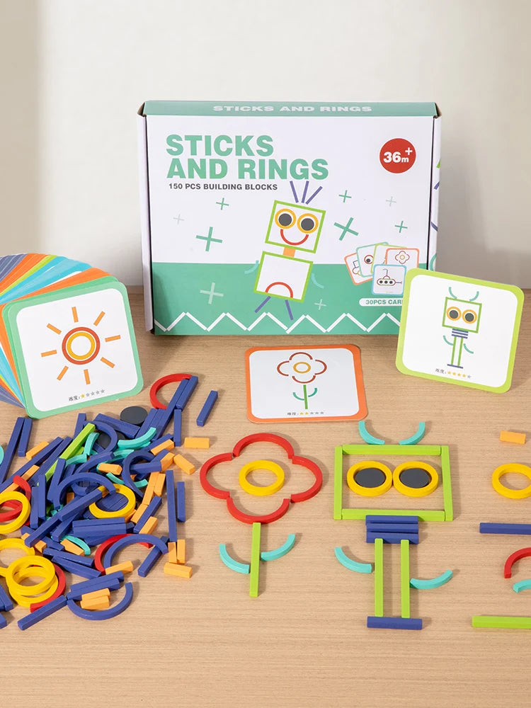 Bâtons et anneaux créatifs en bois, Puzzle, jeu d'intelligence, jouets éducatifs Montessori pour enfants de 3 ans