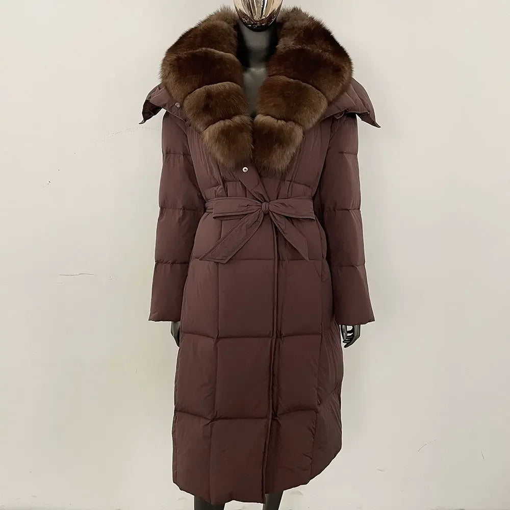 Veste d'hiver chaude et élégante pour femme, avec ceinture à capuche, simple boutonnage, col en vraie fourrure de renard, manteau épais et ample en duvet de canard blanc