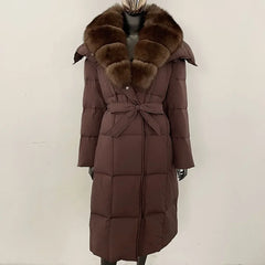 Veste d'hiver chaude et élégante pour femme, avec ceinture à capuche, simple boutonnage, col en vraie fourrure de renard, manteau épais et ample en duvet de canard blanc