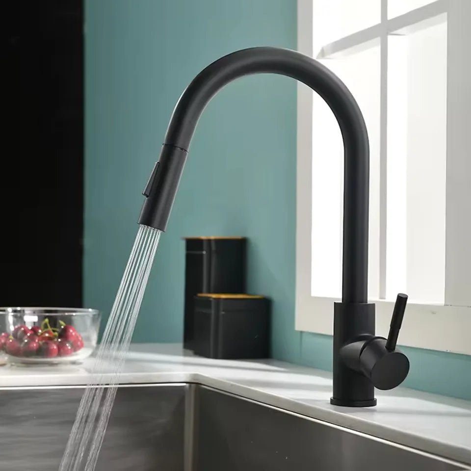Flexible black cooking spaces, ribbed nozzle, stainless steel, hot and cold, 2 modes