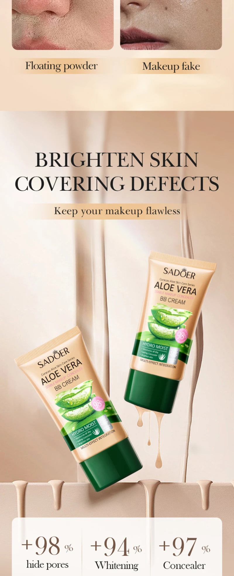 Aloe Vera BB crème-hydratant et dissimulant au collagène fond de teint à couverture complète, correcteur longue durée et léger