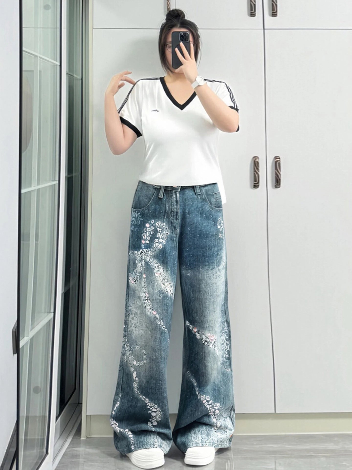Jean de loisirs imprimé papillon pour fille américaine, grande taille, bleu, polyvalent, mode coréenne, pantalon Long à jambes larges, nouvelle collection été