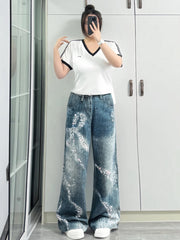 Jean de loisirs imprimé papillon pour fille américaine, grande taille, bleu, polyvalent, mode coréenne, pantalon Long à jambes larges, nouvelle collection été