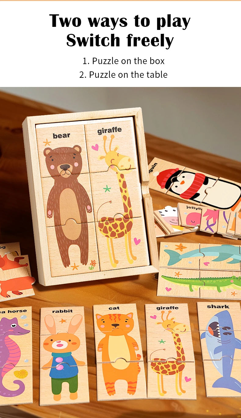 Puzzle assorti en forme d'animal de dessin animé pour enfants, planche de puzzle de cognition de mots anglais pour l'éducation précoce des bébés, jouet en bois