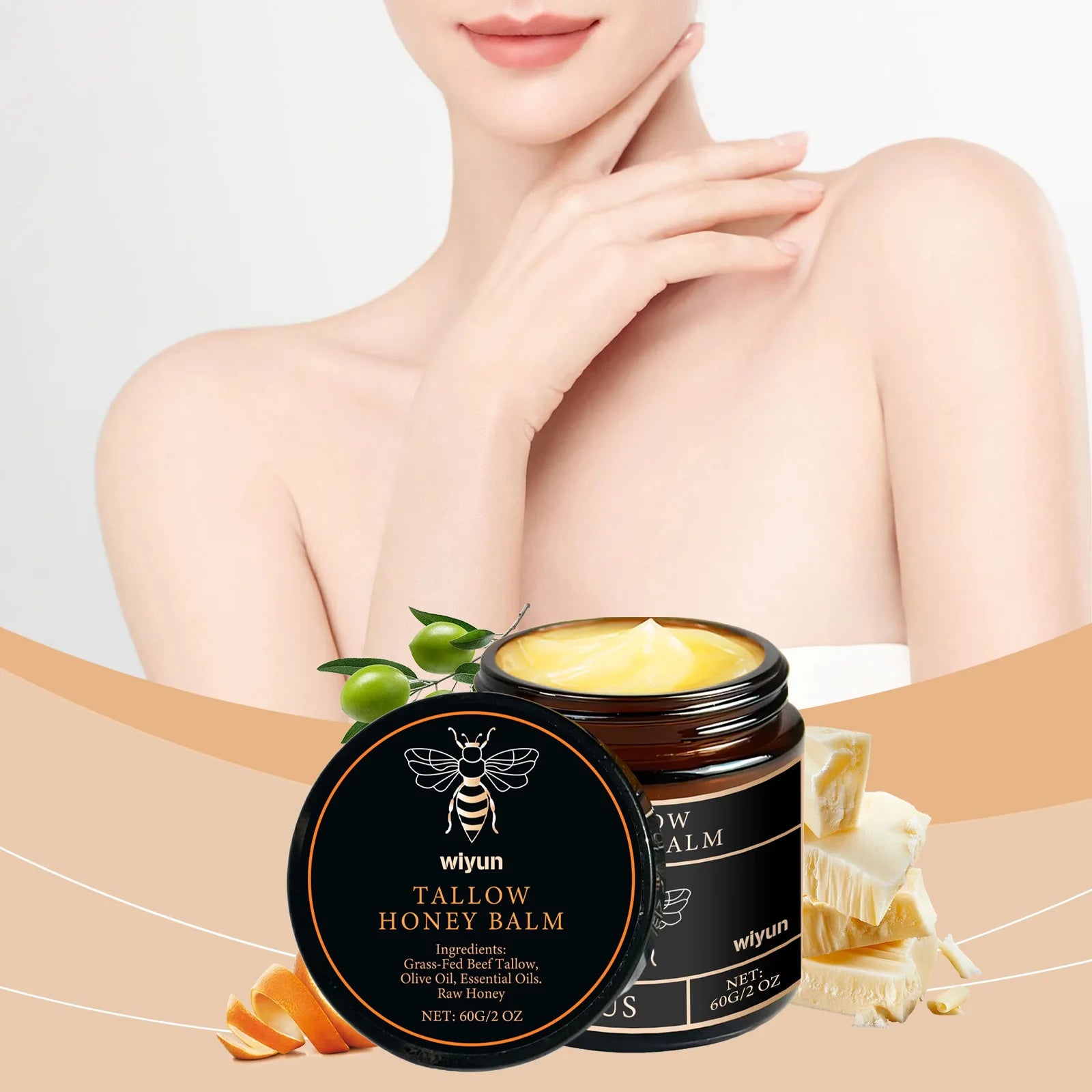 Baume de Tallow de boeuf alimenté en herbe biologique, miel cru, hydratant, doux, améliore l'élasticité, crème hydratante lisse longue durée, soins pour la peau