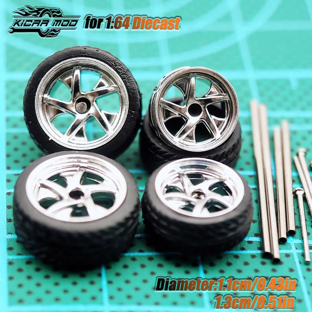 KicarHapp1/64-Jantes Métalliques ABS avec Caoutchouc pour Voiture Miniature, Pièces de Réaménagement Avant, Petite et Arrière