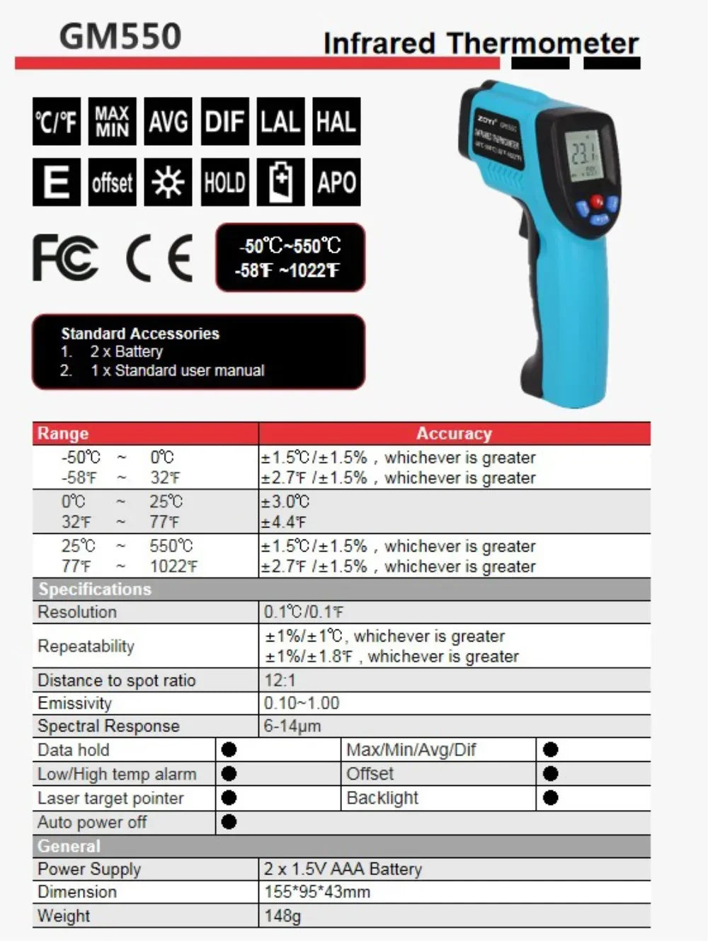 Thermomètre infrarouge, pistolet de température portable pour la cuisson, four à pizza, grill et moteur - Lecteur de température de surface laser
