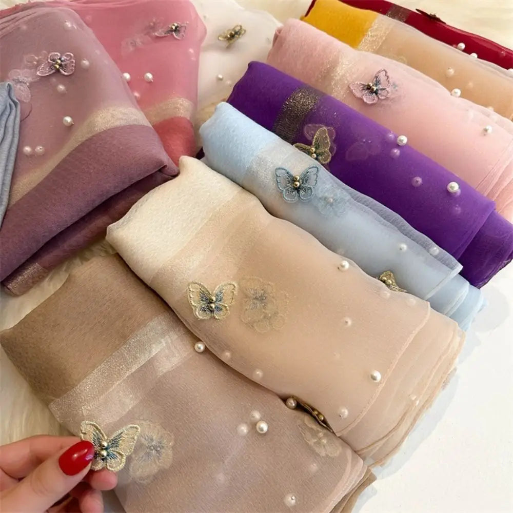 Grand Foulard Fin et Élégant avec Broderie Papillon, Châle Hijab de Luxe pour Femme
