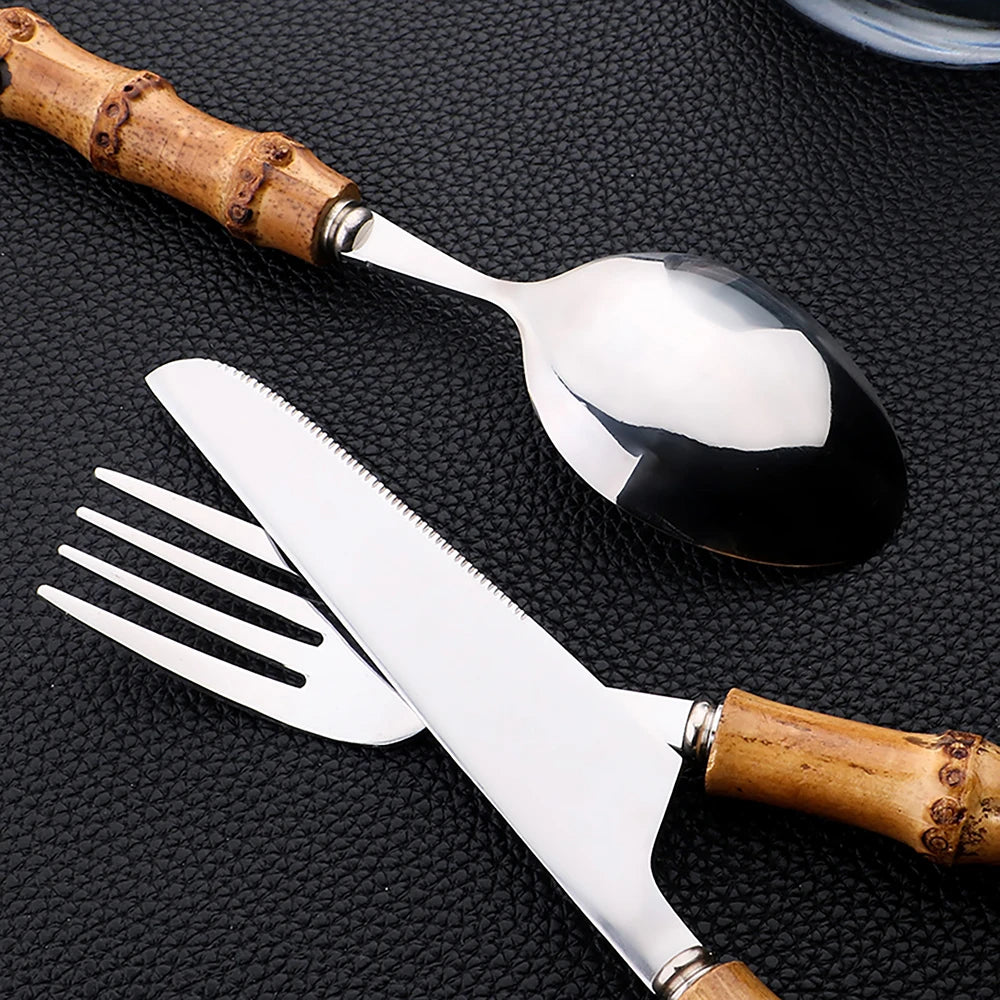 24 pièces ensembles de vaisselle en bambou ensemble de couverts en bambou en acier inoxydable poignée purement naturelle ensemble de couverts vaisselle couteau à Steak couverts