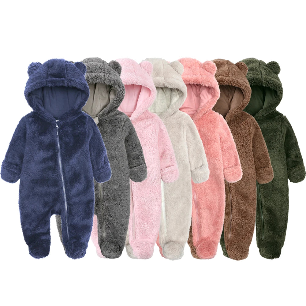 Barboteuse pour bébé de 0 à 24 mois, vêtements d'hiver pour nouveau-né, garçon et fille, body à fermeture éclair, ours en polaire, pyjama à capuche