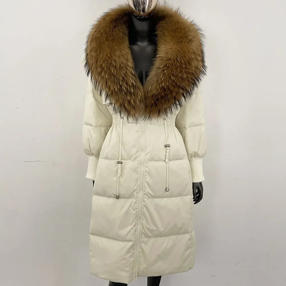 Doudoune longue avec col en fourrure pour femme, pardessus en fourrure de renard, longueur aux genoux, à la mode, chaude, cintrée à la taille, vêtements d'extérieur amincissants