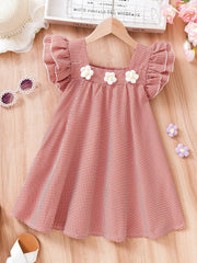 Robe fille vichy rouge et blanc avec manches flottantes et accents floraux – Parfaite pour les vacances/extérieur, âge 4-7, printemps/été