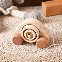 Jouets Montessori en bois pour bébé, 1 pièce, anneau de dentition de Bus de dessin animé, ours en bois de hêtre, voiture pour enfants, jouets éducatifs Montessori, cadeau