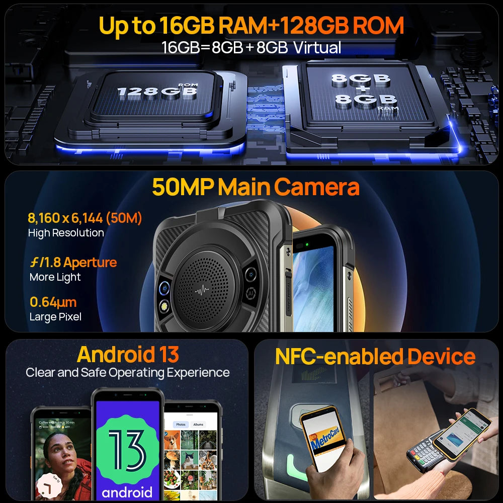 Ulefone-Smartphone Power Armor 16S, téléphone robuste et étanche, NDavid, 16 Go + 128 Go, appareil photo 50MP, 9600mAh, Android 13, Global