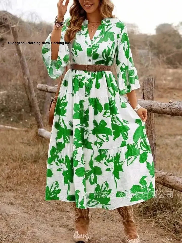 Women's long pleated V-neck dress with waist belt, embellishments, fashionable, knee-length, with flared sleeves, new 2025 collection