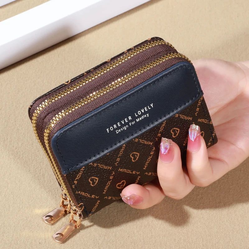 Mini faux leather wallet with double zipper, compact classic pouch, multiple card slots, matching pocket, RFID protection, chic 