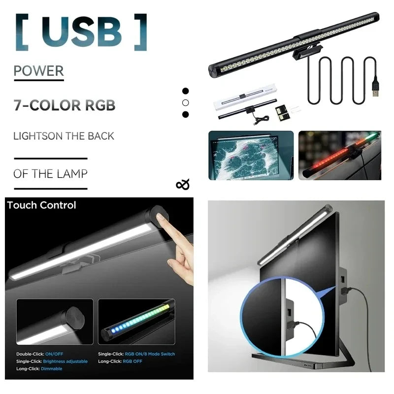 Barre lumineuse d'écran de moniteur de lampe de bureau à LED, escales informatiques RVB, lumières double face pour le travail, l'étude, la lecture, le jeu, l'éclairage de gradation