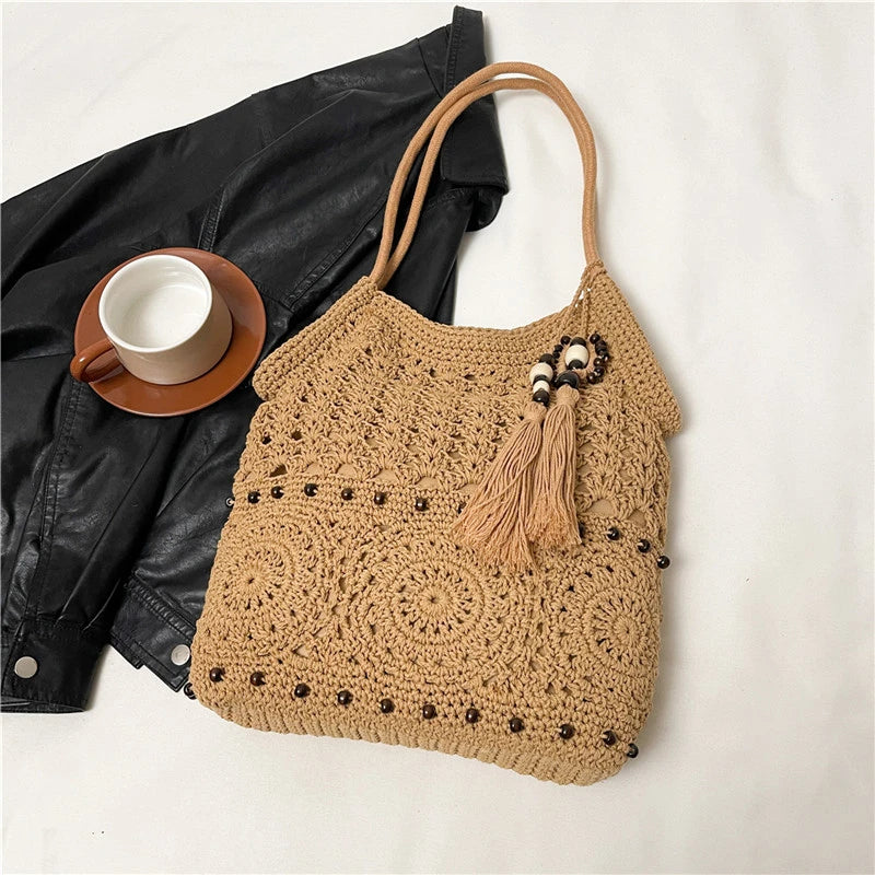 Sac à main tissé de grande capacité, sac à bandoulière ajouré, fourre-tout en Crochet, fourre-tout bohème tissé pour femmes, sacs de Shopping tricotés