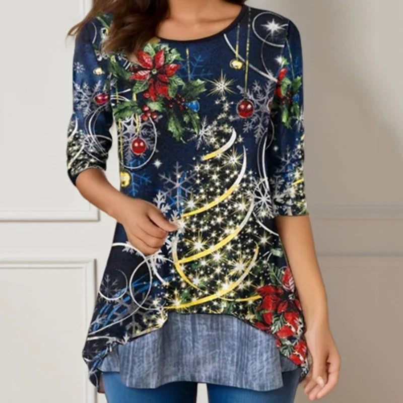 Arbre de noël femmes t-shirt mode col rond à manches longues hauts chemises impression 3D décontracté Harajuku femme grande taille vêtements
