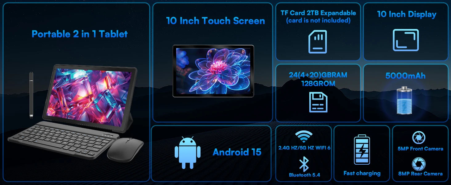 Tablette Android 15 A523, 10 pouces, 8 cœurs, 24 go + 128 go, extension 1 to, WiFi 6, 5mp + 8mp, stylet, clavier, souris, casque, PC, ensemble de coussinets