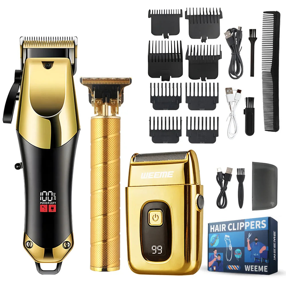 Kit de toilettage pour hommes, ensemble de 3 pièces, tondeuse à cheveux dorée noire avec écran LCD, rechargeable par USB, 8 peignes de guidage, tondeuse et rasoir