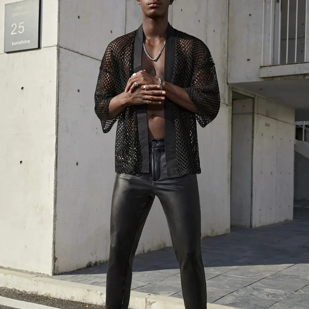 Hommes hauts en maille évider T-shirt masculin Cardigan châle Streetwear hommes mode Performance porter chemise haute Chemise Homme