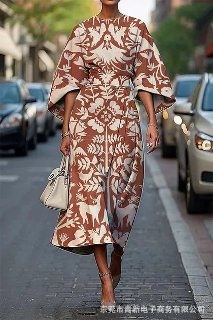 Elegant floral ocean dress for women, ankle-length, made of polyester fiber, independent station, cross-border, 2025