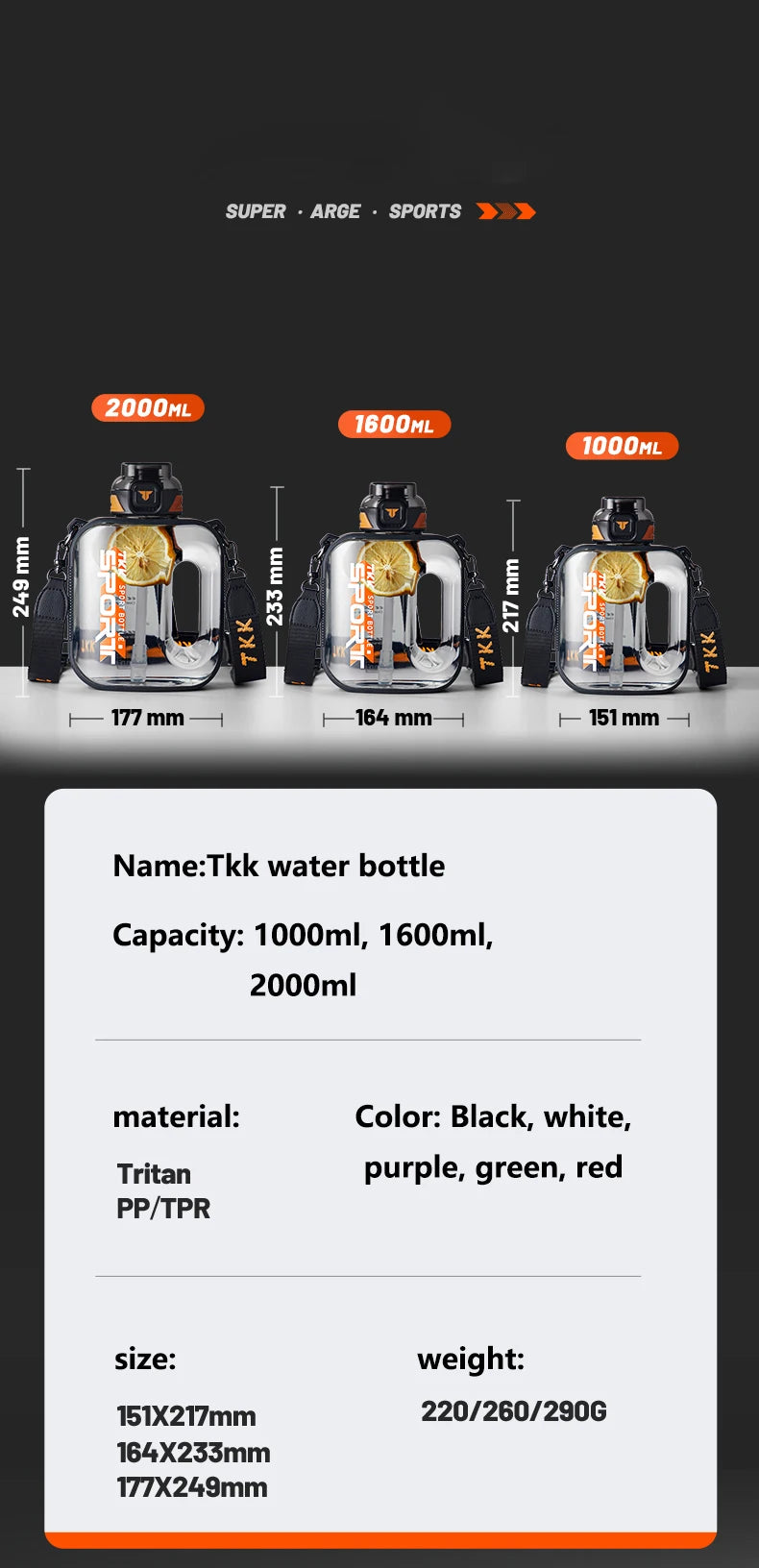 TKK 1/1.6/2L bouteille d'eau de sport TRITAN grande capacité tasse créative résistant à la chaleur en plein air adulte voyage bouilloire salle de sport Fitness cruches