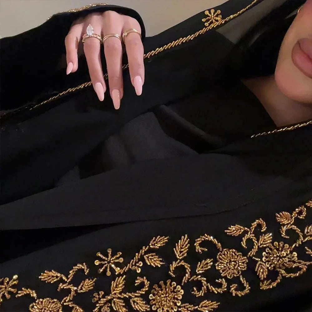Dubai Abaya Large Kaftan Embroidery Hijab Luxury Beaded Muslim Abaya for Women French Dress Gold Embellished Open Abaya