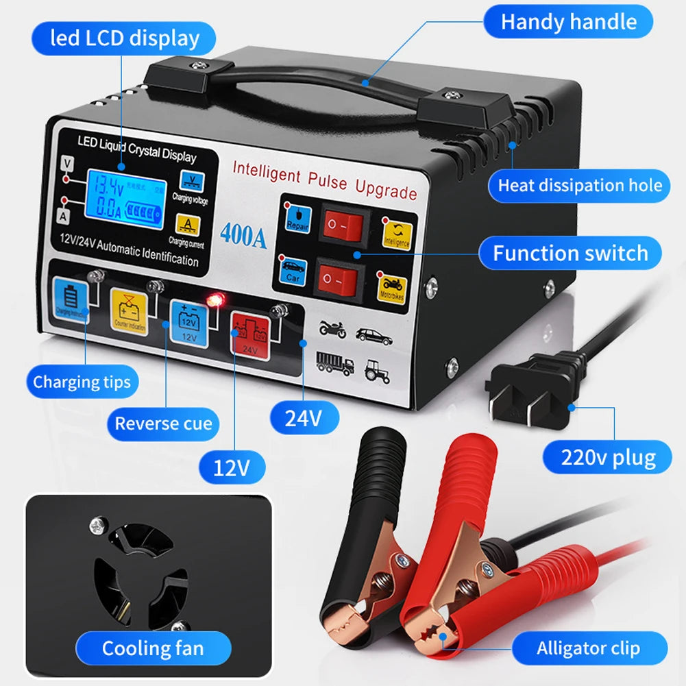High-power car battery charger, fast charger, intelligent pulse repair, automatic shut-off, 400A, 12V, 24V, 220W