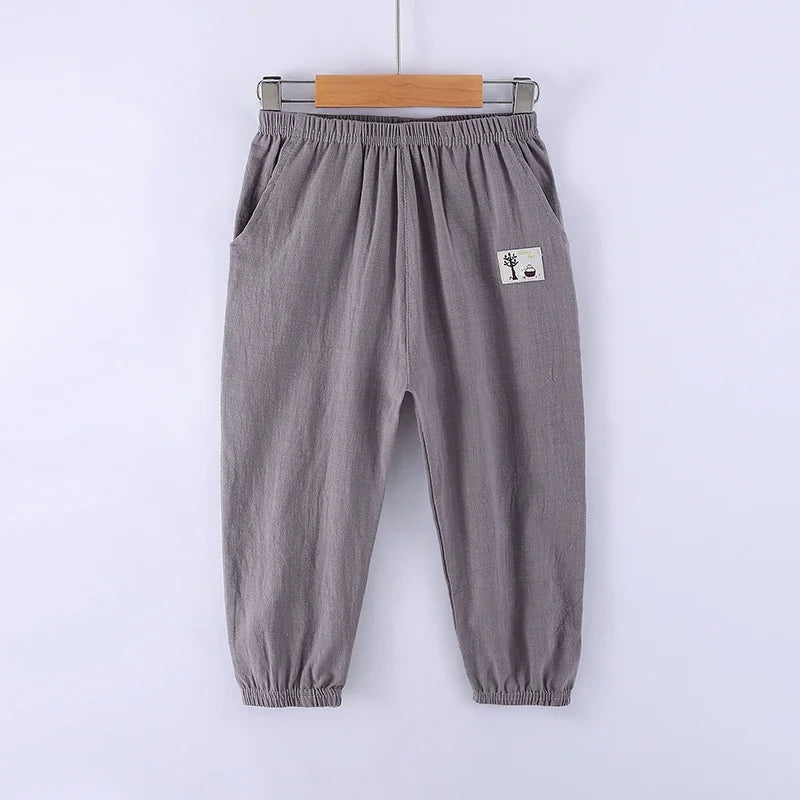 Pantalons pour enfants pour garçons et filles, en coton et lin, taille élastique, couleur unie, pantalons moustiques d'été, vêtements pour enfants, pantalons longs 100-160cm