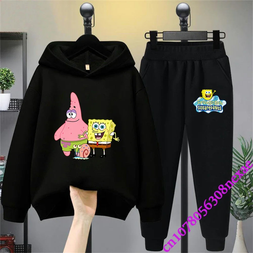 Spongebob-Pull imprimé dessin animé pour enfants, vêtements pour garçons et filles, imbibé, printemps et automne, Sportif, fjedly, 2 pièces