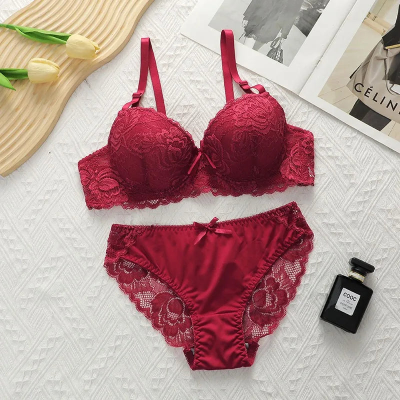 Ensemble 2 pièces soutien-gorge et culotte Sexy en dentelle transparente, vêtements floraux à armatures, lingerie Push Up pour femmes