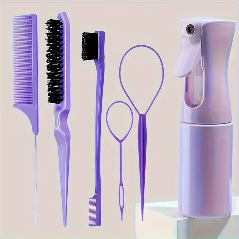 Hairbrush set, spray bottle, braiding loop, rat tail comb, teaser, edge brush, curly hair accessories, 6 pieces
